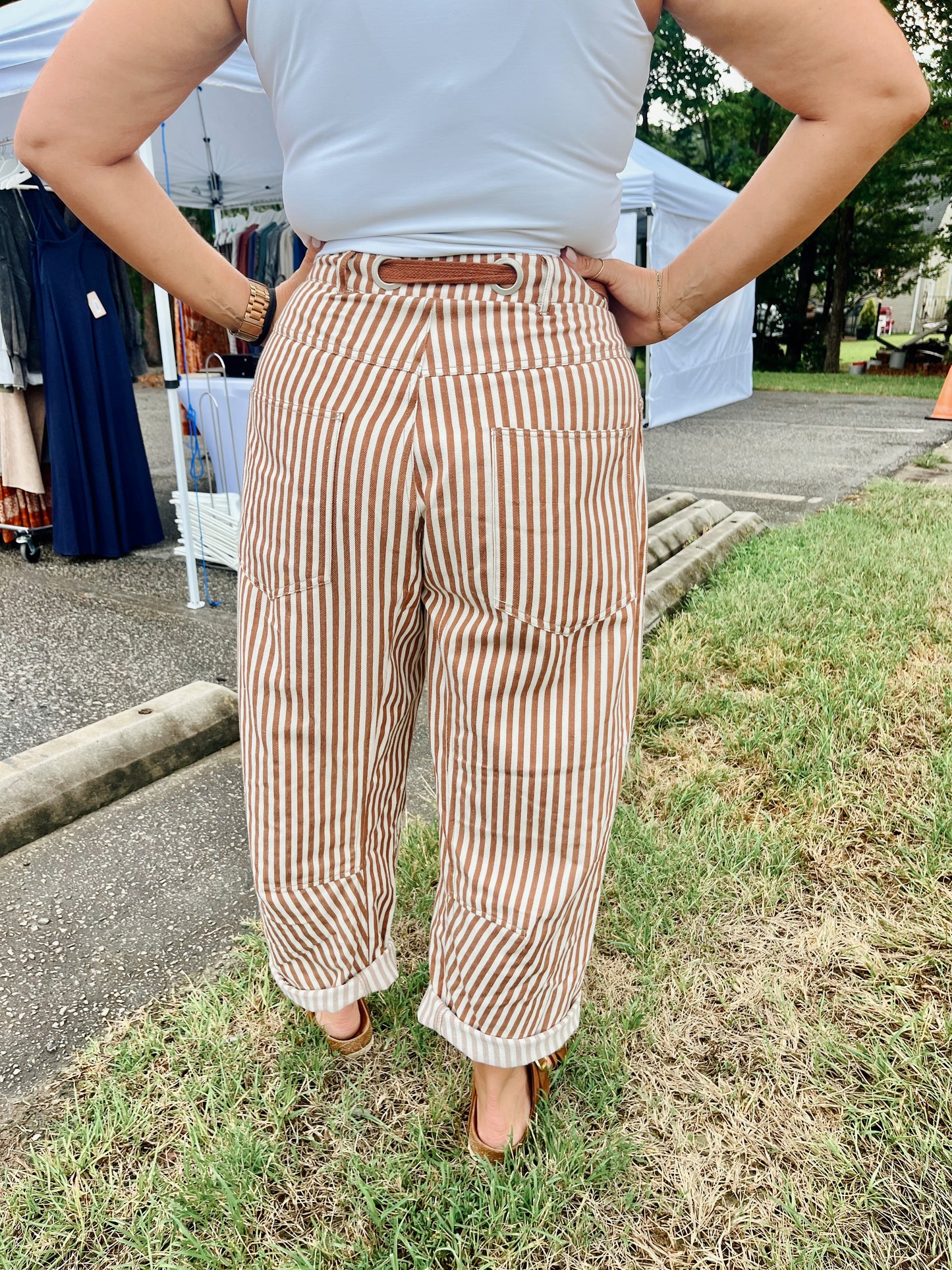 Caramel Striped Barrel Pants