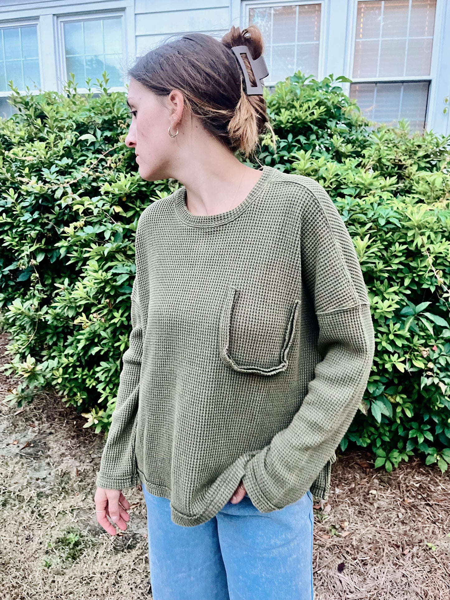 Olive Cut-out Pocket Waffle Top