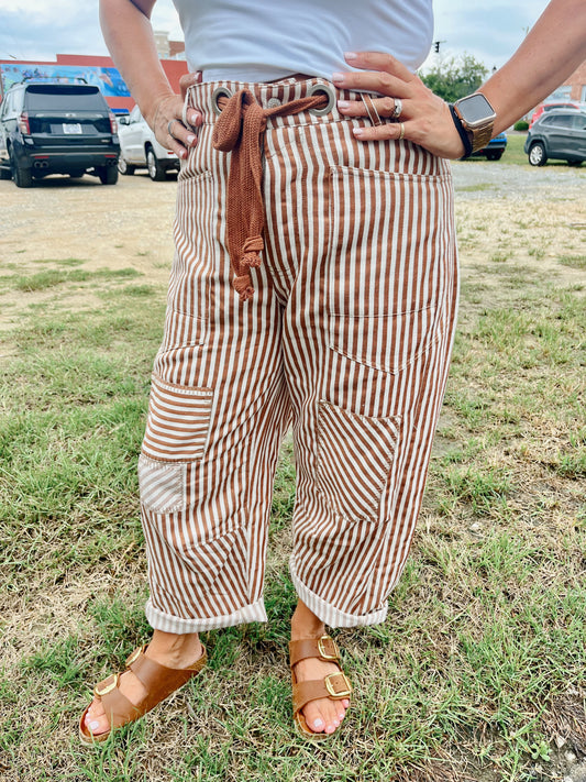 Caramel Striped Barrel Pants