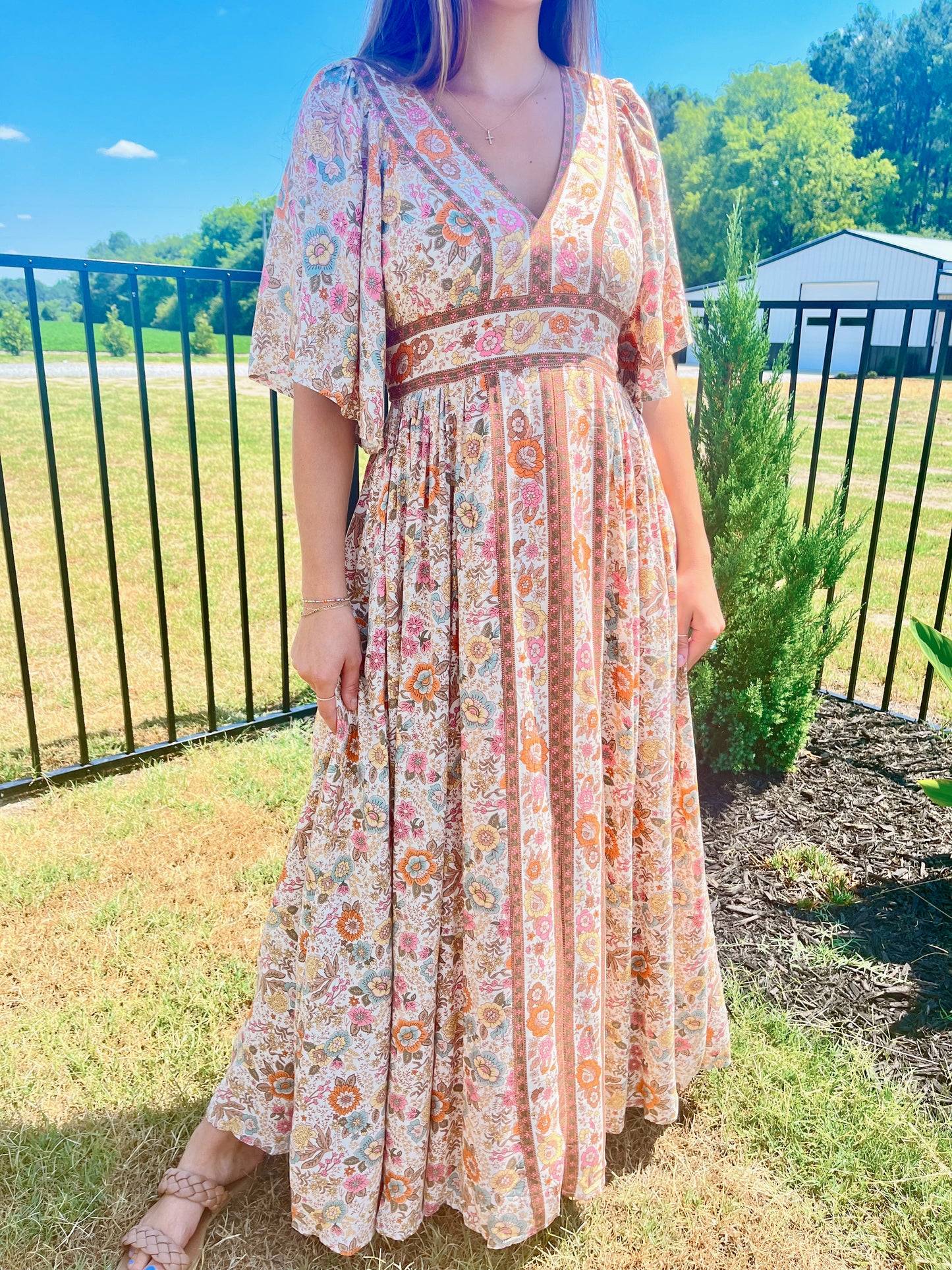 Field of Flowers Flutter Sleeve Maxi Dress